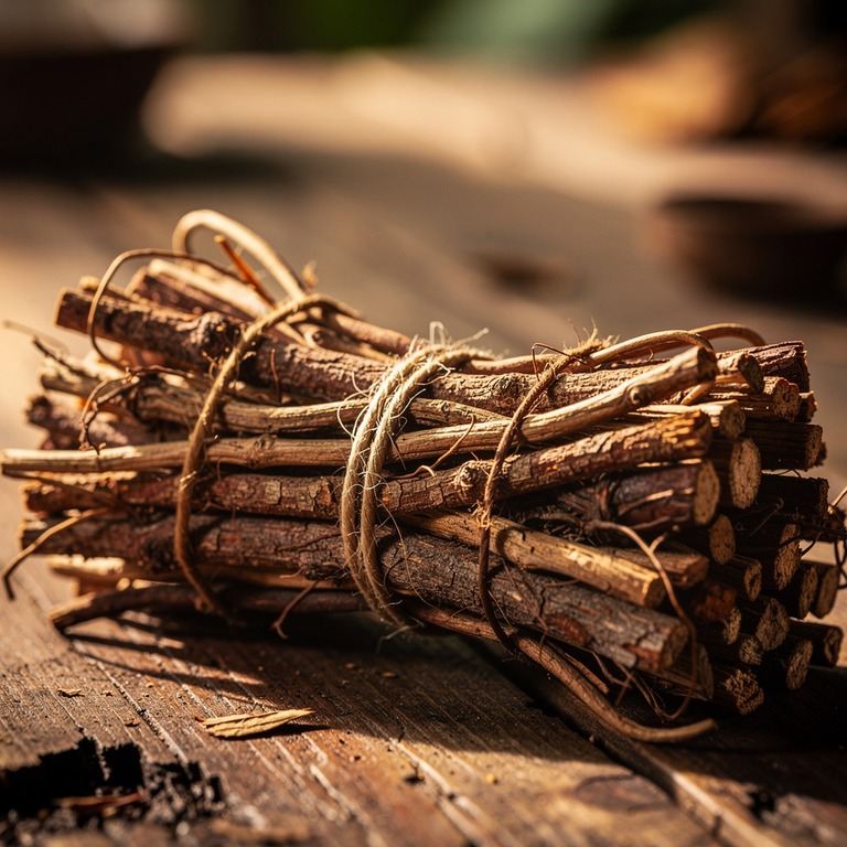 A close-up of a bundle of dried ayahuasca vines, neatly tied... | ShopAyahuascaRetreats