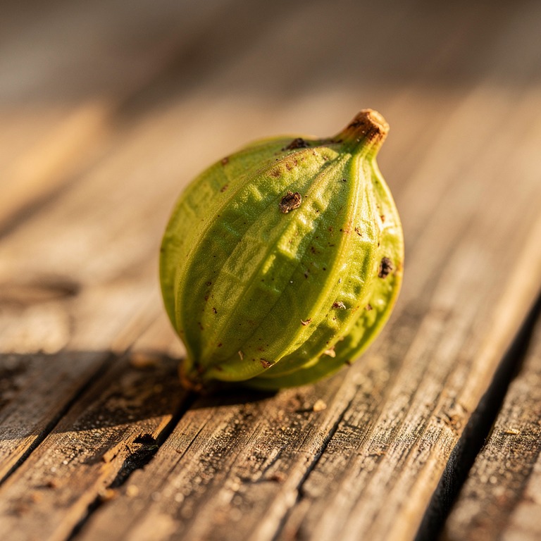 A close-up of a single, immature iboga seed pod, still green... | ShopAyahuascaRetreats
