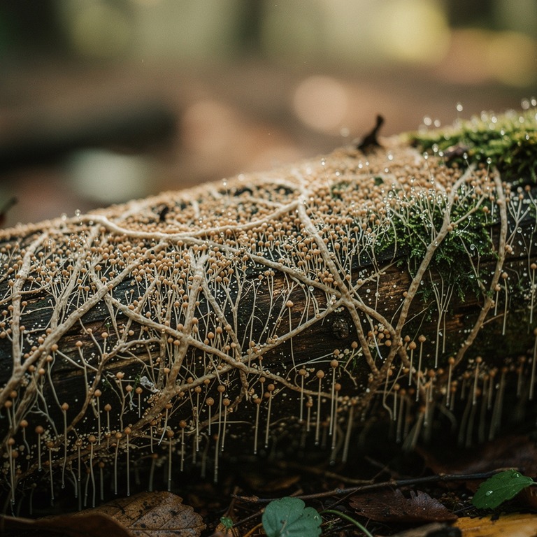 A close-up of a sprawling mycelium network on a decaying log... | ShopAyahuascaRetreats