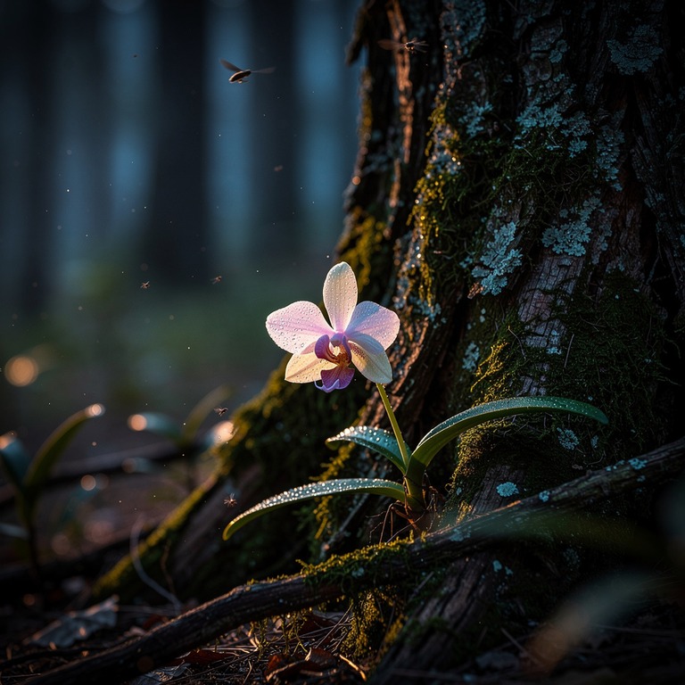 A delicate, backlit orchid bloom on the bark of an ancient t... | ShopAyahuascaRetreats