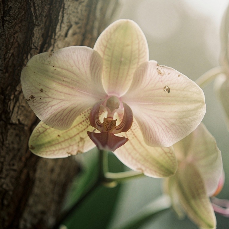 A delicate, backlit orchid on a tree bark, its petals swayin... | ShopAyahuascaRetreats