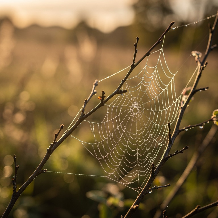 A delicate, dew-kissed spider web clings to a branch, sparkl... | ShopAyahuascaRetreats