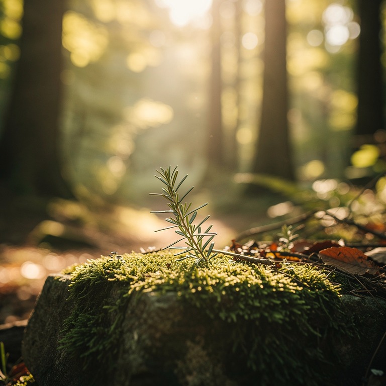A delicate sprig of rosemary rests on a moss-covered stone, ... | ShopAyahuascaRetreats