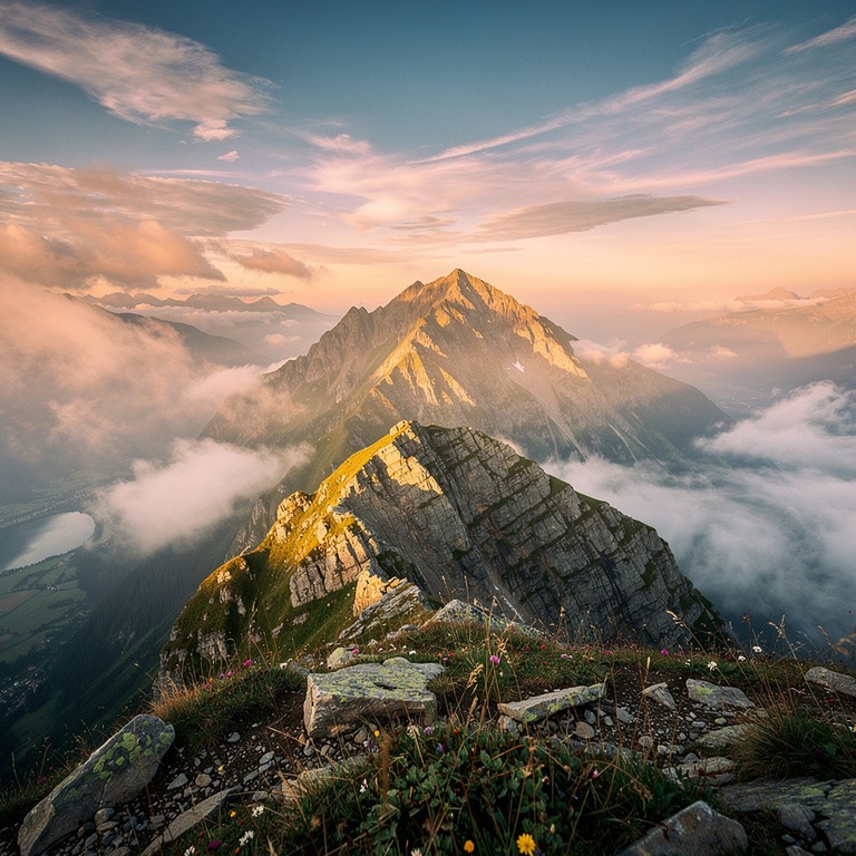 A mountain peak at sunrise, with misty valleys below, symbol... | ShopAyahuascaRetreats