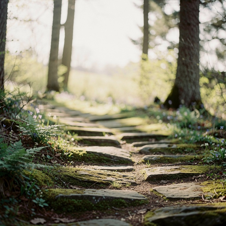 A peaceful, moss-covered stone path winds its way through a ... | ShopAyahuascaRetreats