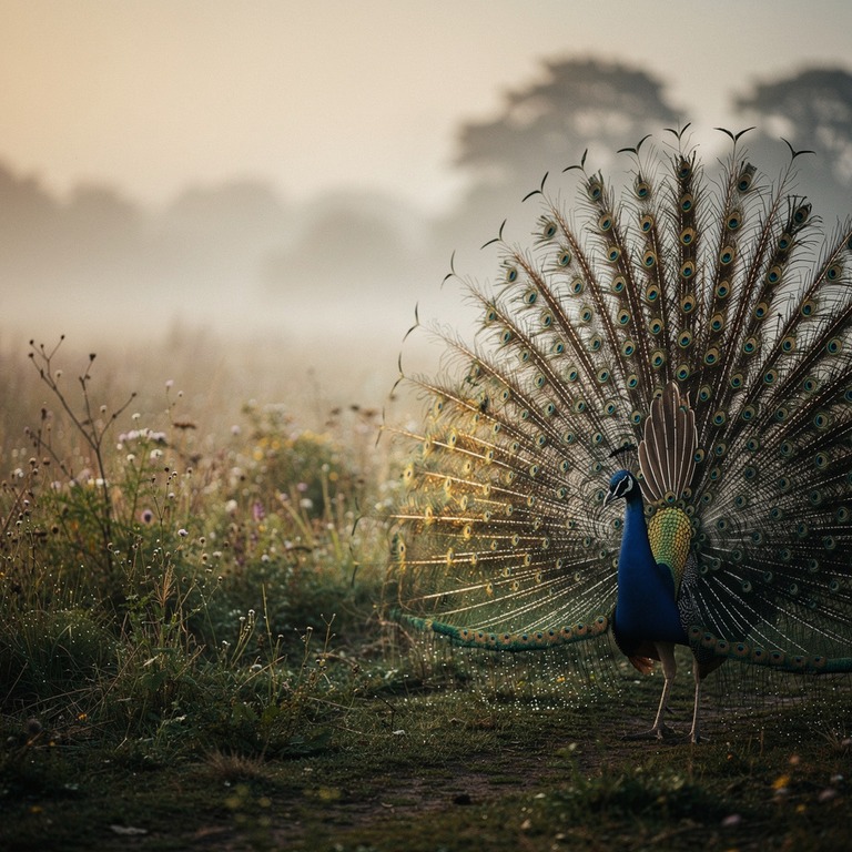 A peacock's vibrant plumage glistens in morning dew, spread ... | ShopAyahuascaRetreats