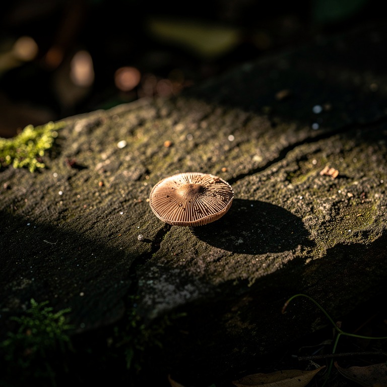 A psilocybin mushroom cap lies alone on a natural stone slab... | ShopAyahuascaRetreats