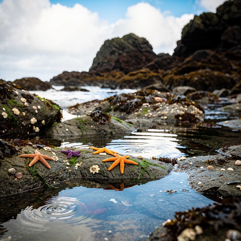 A rocky shoreline at low tide, with tide pools reflecting th... | ShopAyahuascaRetreats
