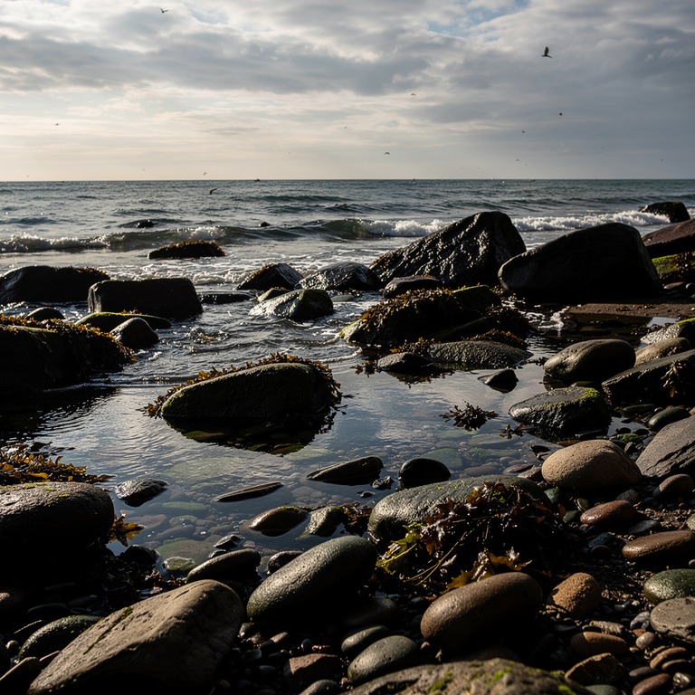 A rugged, rocky shoreline at low tide, with calm waves and a... | ShopAyahuascaRetreats