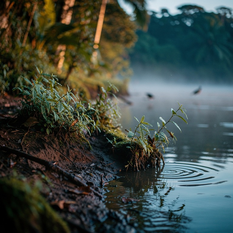 A serene Amazonian riverbank at dawn, with mist rising from ... | ShopAyahuascaRetreats