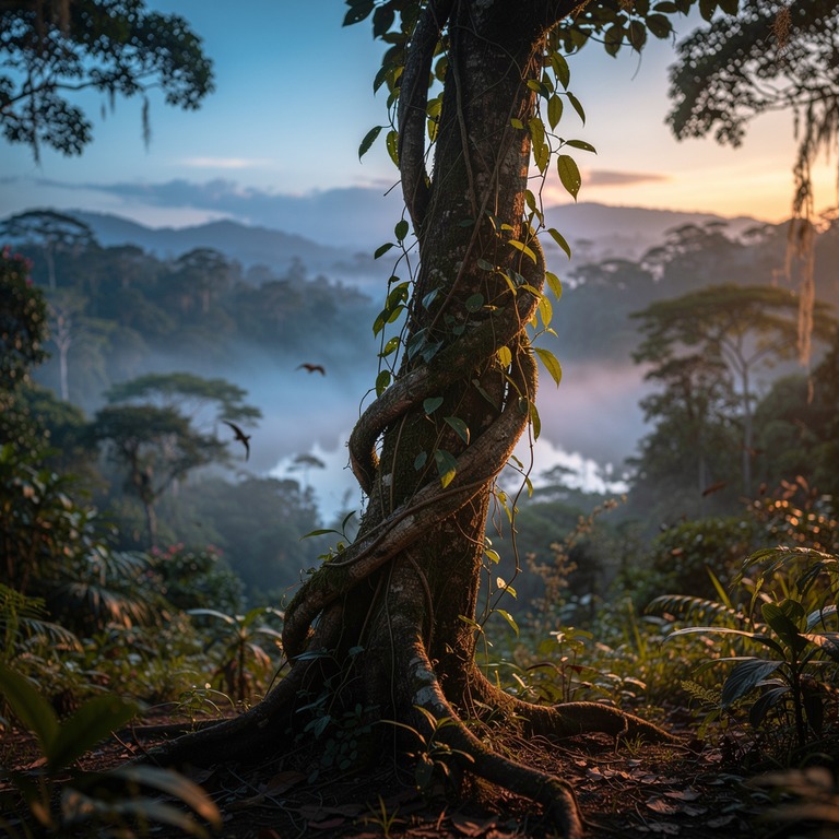 A serene ayahuasca vine entwined around a sturdy tree trunk,... | ShopAyahuascaRetreats