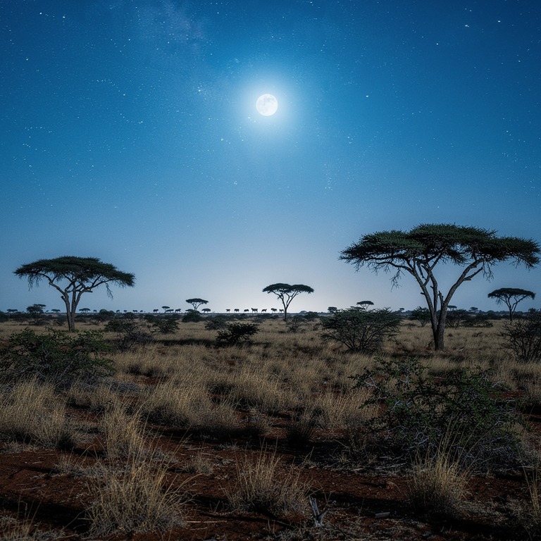 A serene, moonlit night scene of a African savannah, with ac... | ShopAyahuascaRetreats