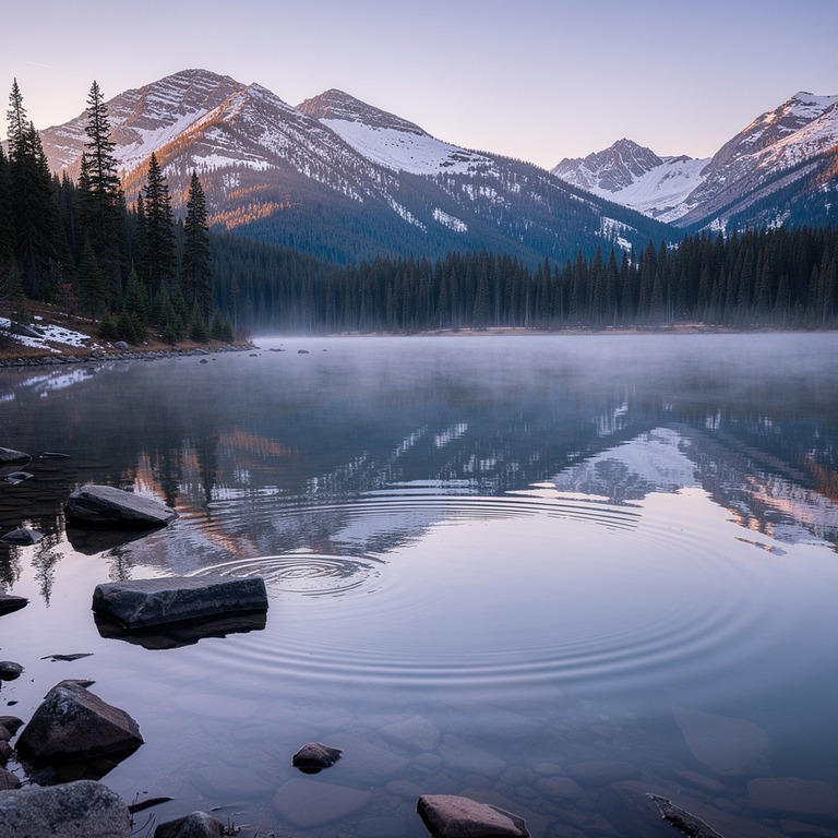A serene mountain lake at dawn, reflecting the surrounding l... | ShopAyahuascaRetreats