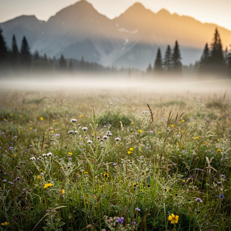 A serene mountain meadow at dawn, with a gentle mist rolling... | ShopAyahuascaRetreats