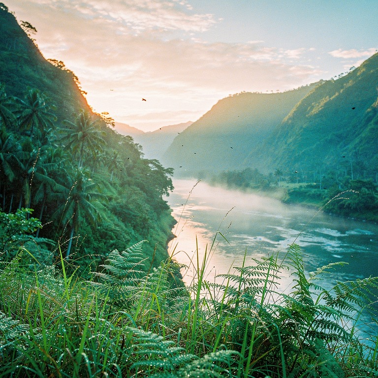 A serene mountain valley at dawn with a gentle mist, symboli... | ShopAyahuascaRetreats