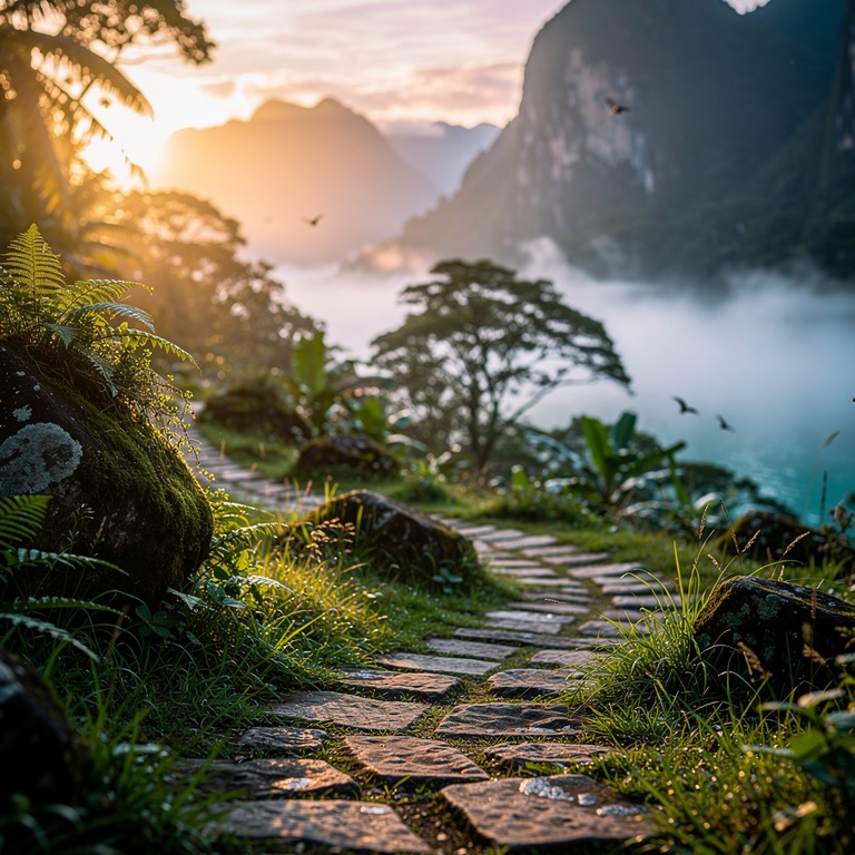 A serene mountain valley at dawn with misty fog and a meande... | ShopAyahuascaRetreats