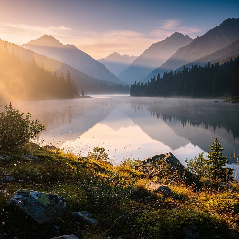 A serene mountain valley at dawn, with misty fog rolling in ... | ShopAyahuascaRetreats