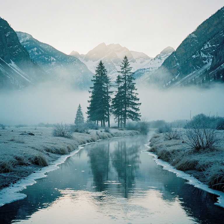 A serene mountain valley at dawn, with misty fog rolling in ... | ShopAyahuascaRetreats