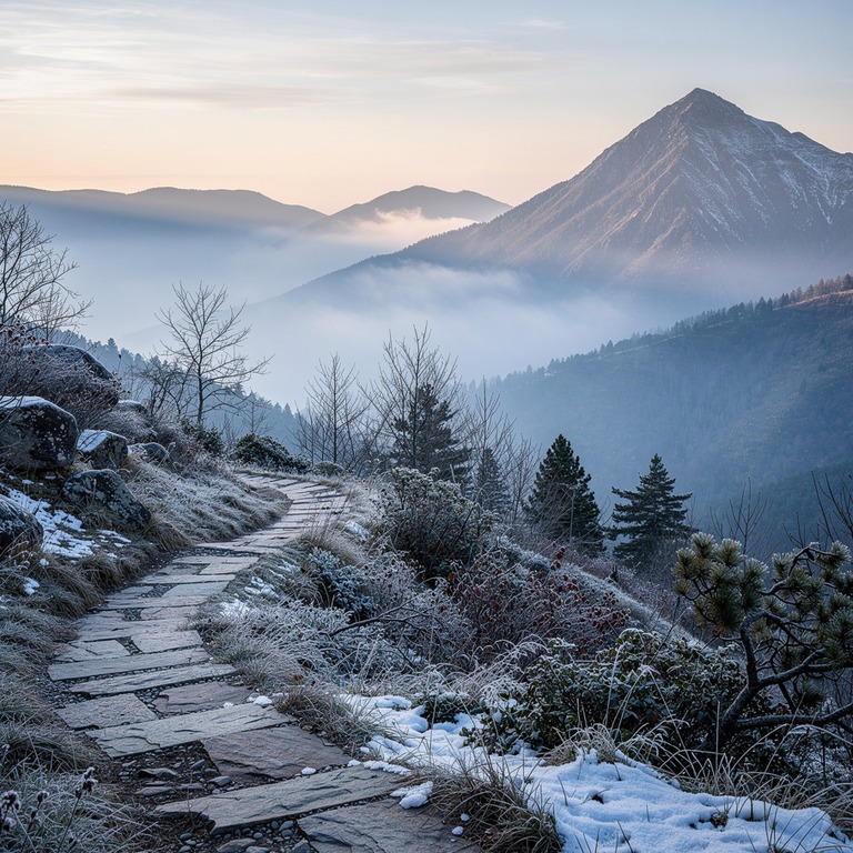 A serene mountain valley at sunrise, with a gentle mist roll... | ShopAyahuascaRetreats