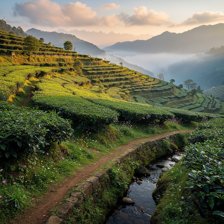 A serene mountain valley at sunrise, with misty fog rolling ... | ShopAyahuascaRetreats