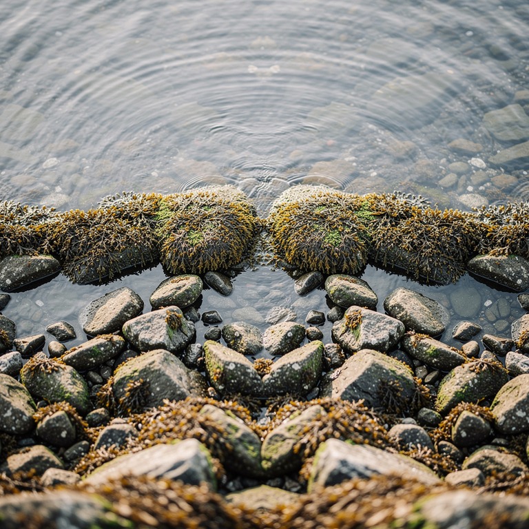 A serene, rocky shoreline at low tide, with seaweed-covered ... | ShopAyahuascaRetreats