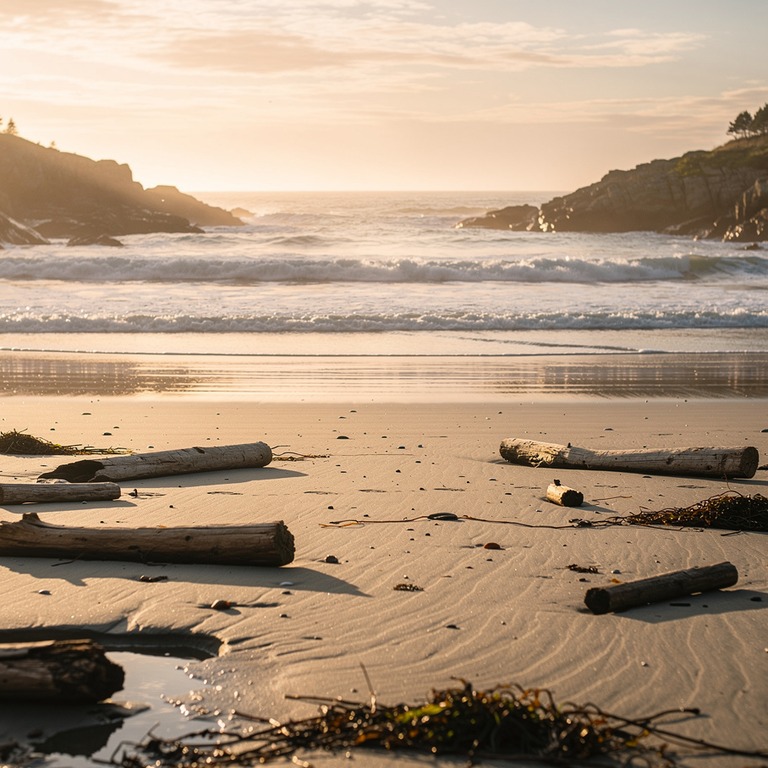 A serene, sandy cove at low tide, with a few pieces of drift... | ShopAyahuascaRetreats