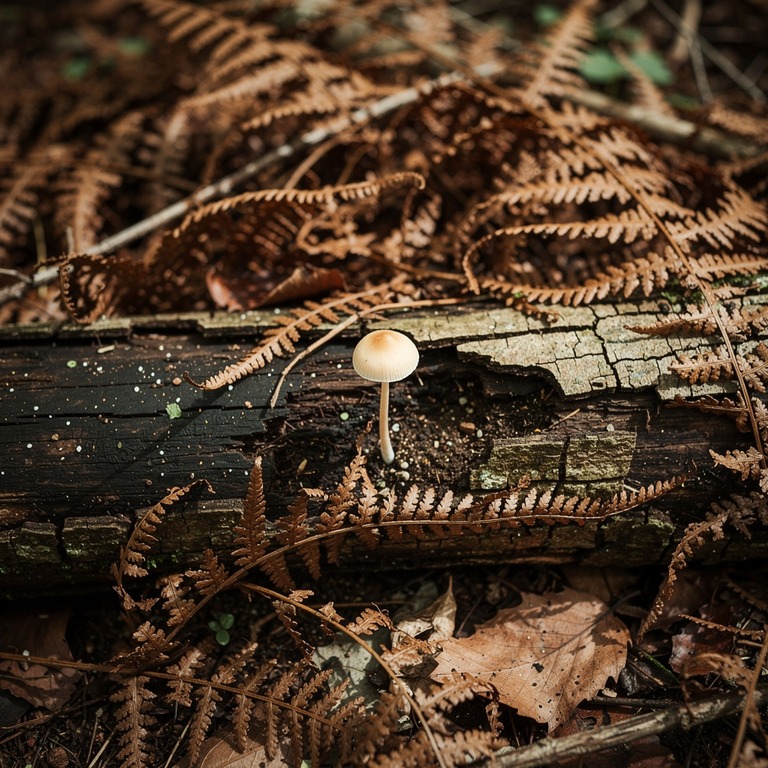 A small, delicate mushroom grows out of a decaying log, surr... | ShopAyahuascaRetreats