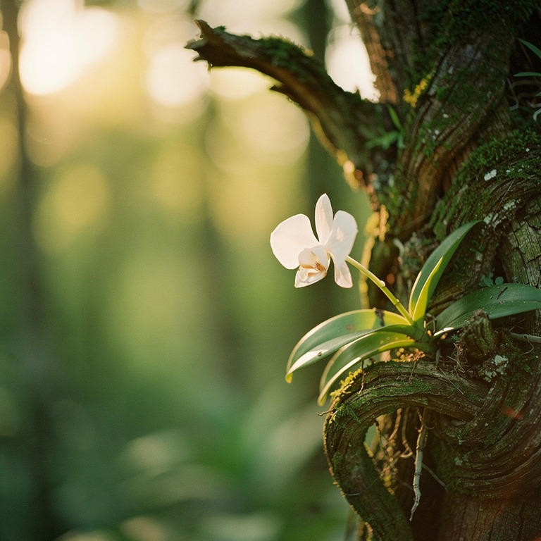 A small, delicate, white orchid blooms on the gnarled, twist... | ShopAyahuascaRetreats