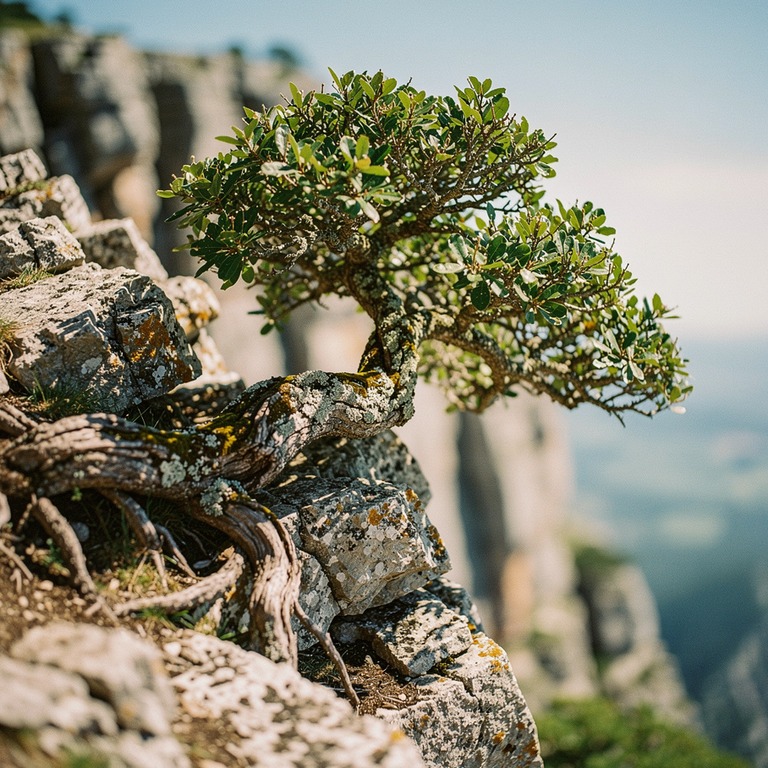 A solitary, gnarled tree growing on a rocky cliffside, its r... | ShopAyahuascaRetreats