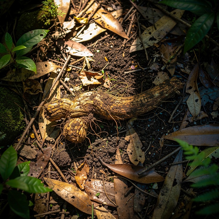 A solitary ibogaine root lies abandoned on a forest floor, s... | ShopAyahuascaRetreats