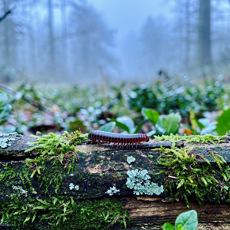 A solitary millipede on a moss-covered log, surrounded by vi... | ShopAyahuascaRetreats