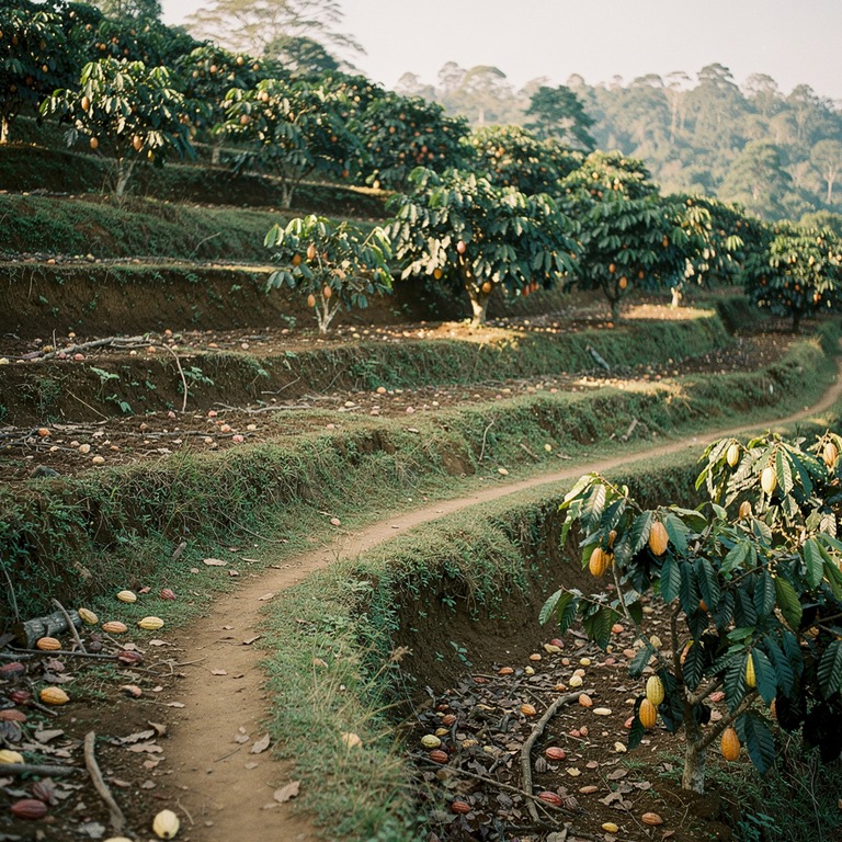 A terraced hillslope with rows of cacao trees, representing ... | ShopAyahuascaRetreats