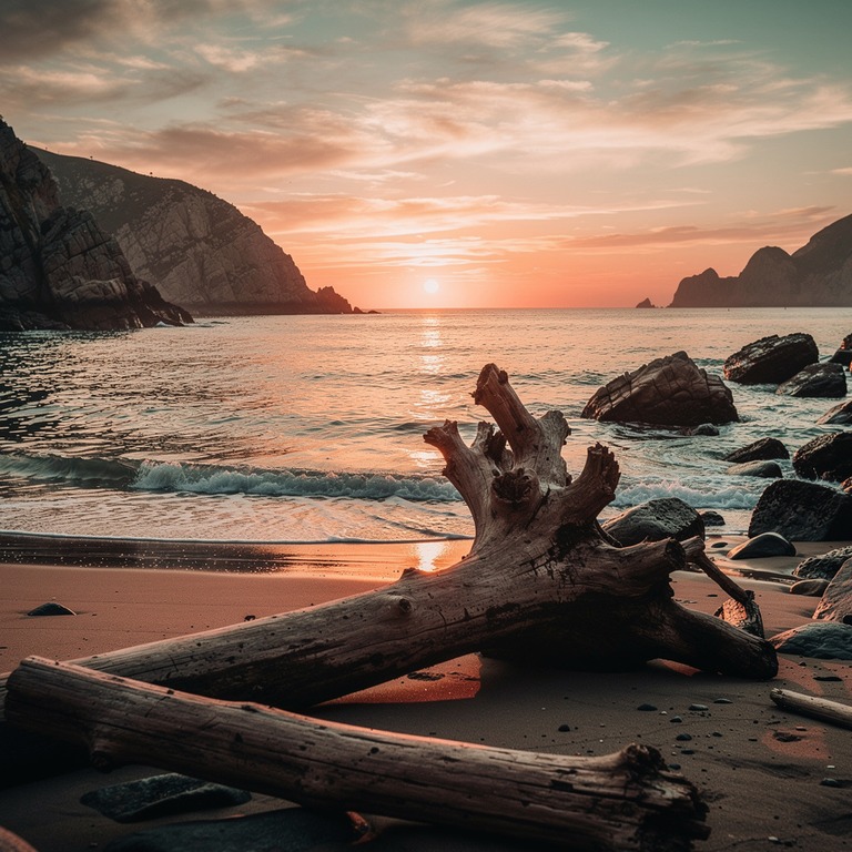 A tranquil ocean cove at sunset, with waves gently lapping a... | ShopAyahuascaRetreats