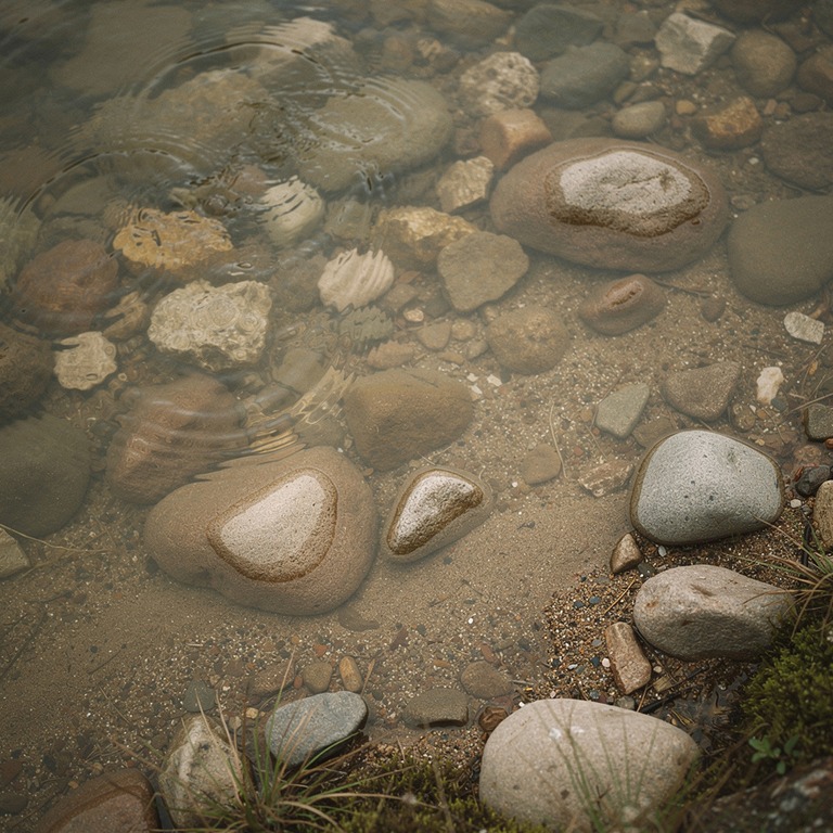 A tranquil riverbank with smooth stones and gentle ripples, ... | ShopAyahuascaRetreats