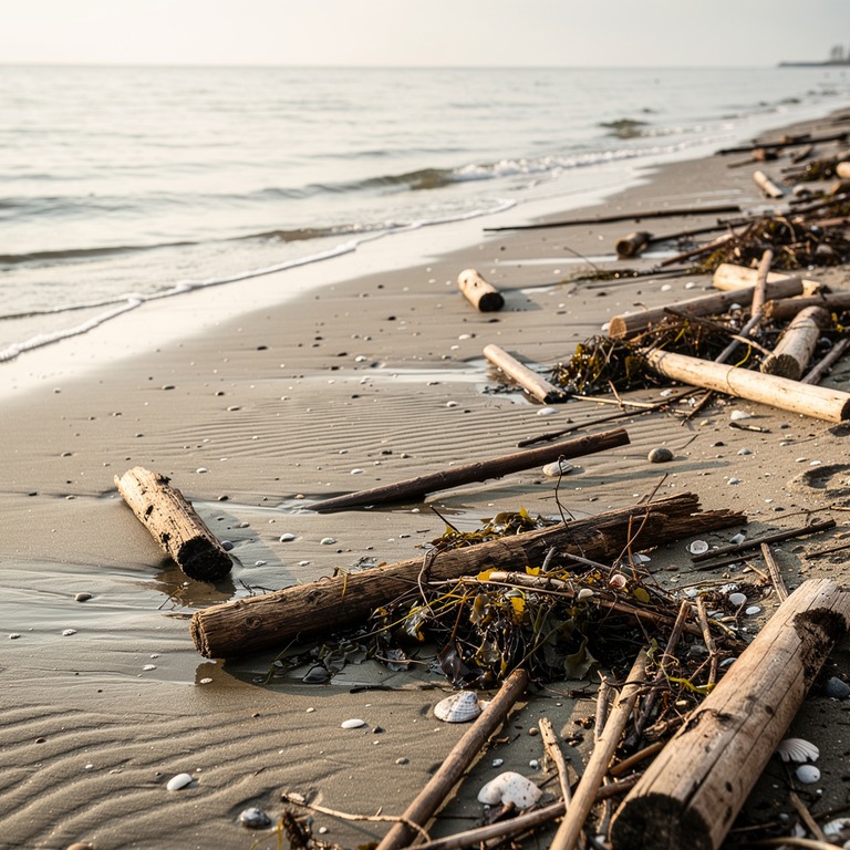 A tranquil, sandy shoreline at low tide, with a scattering o... | ShopAyahuascaRetreats