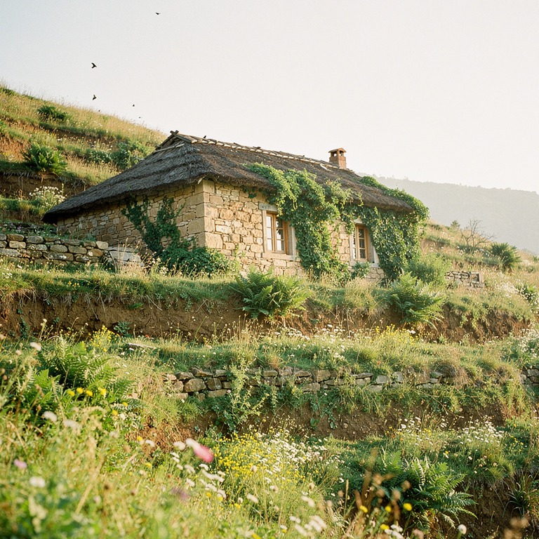 A tranquil stone cottage nestled among terraced hillsides, w... | ShopAyahuascaRetreats