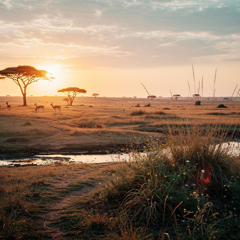 A vast, open savannah at sunrise with acacia trees scattered... | ShopAyahuascaRetreats