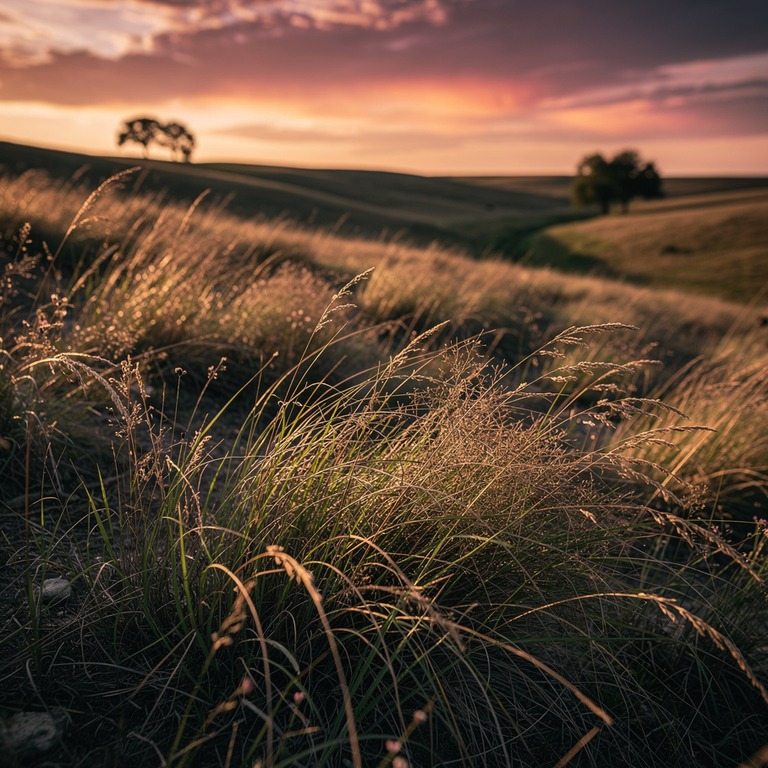 A vast, rolling grassland at sunset, with a few distant, sca... | ShopAyahuascaRetreats