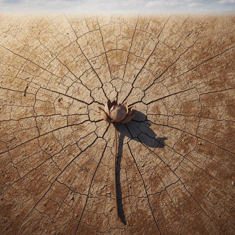 A withered lotus flower on a dry, cracked lake bed under a c... | ShopAyahuascaRetreats