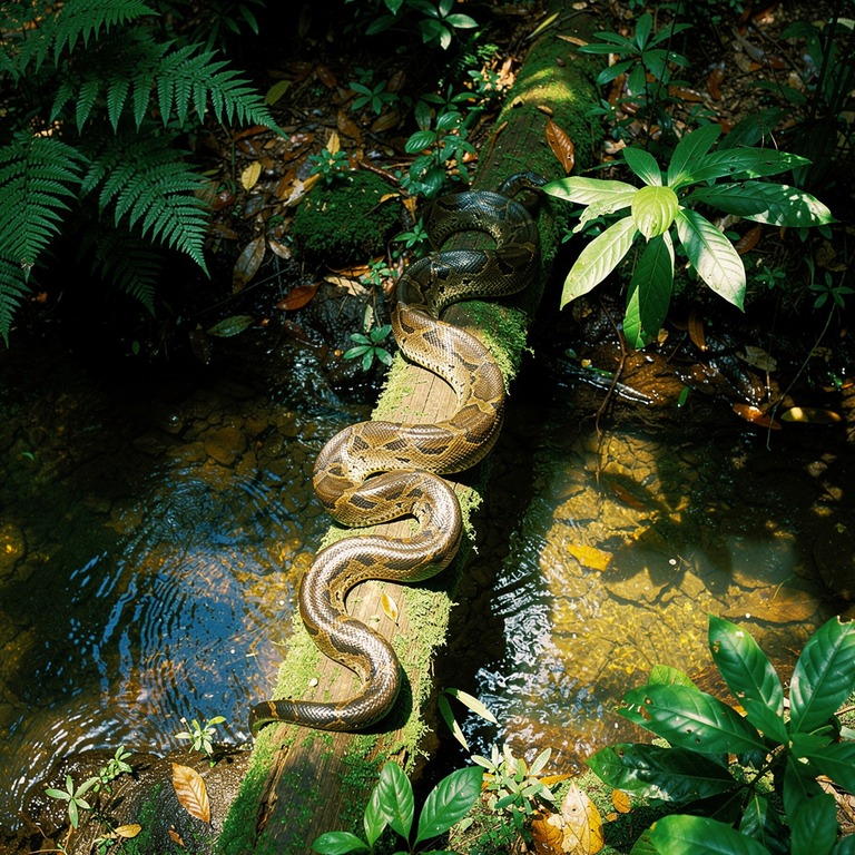 Anaconda coiled on a fallen rainforest log | ShopAyahuascaRetreats