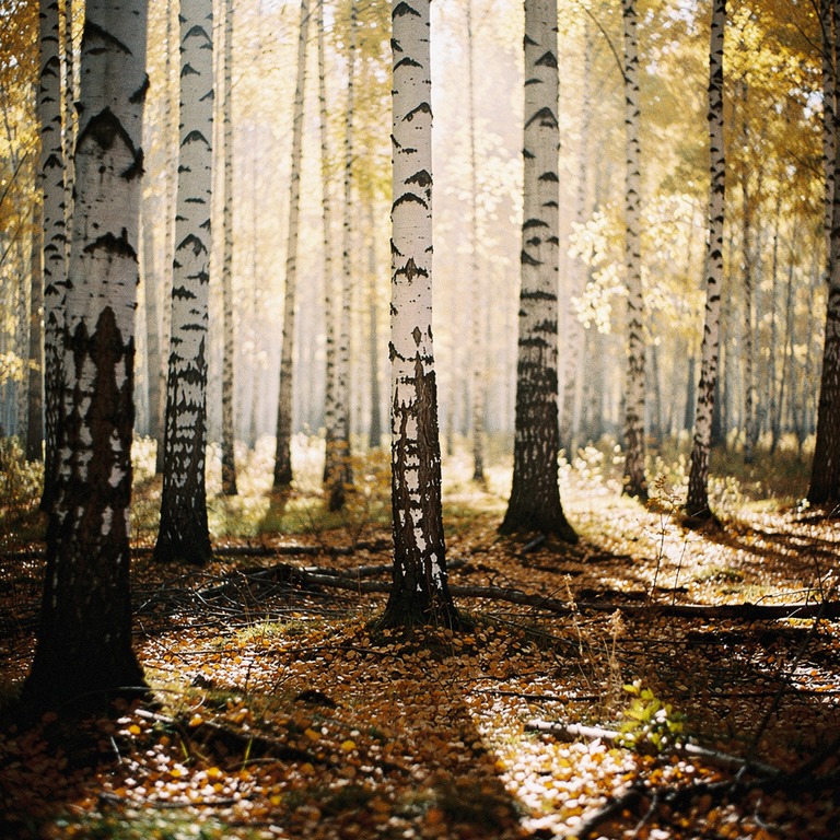 Autumn birch forest, golden leaves on a dark forest floor | ShopAyahuascaRetreats