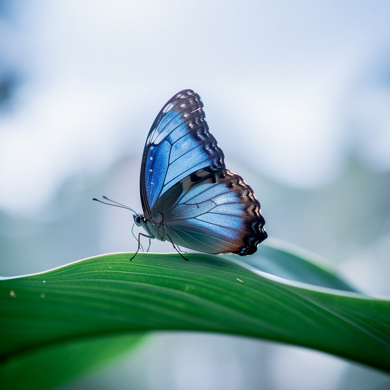 Blue morpho butterfly on a broad green leaf, shallow focus | ShopAyahuascaRetreats