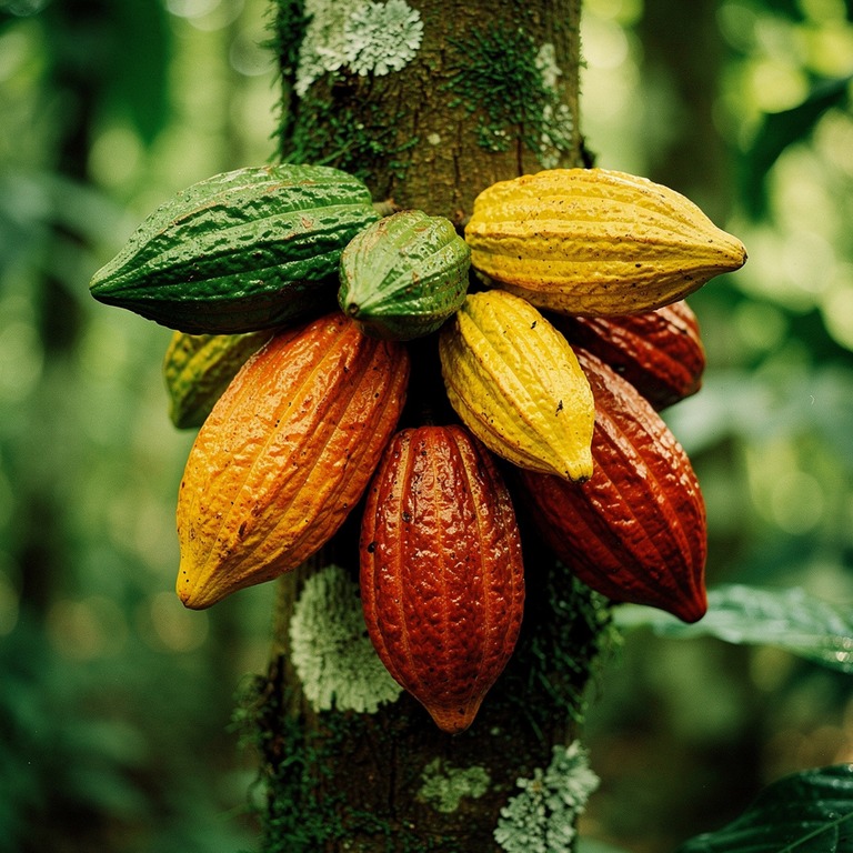 Cluster of wild cacao pods on a tree trunk, soft forest ligh... | ShopAyahuascaRetreats