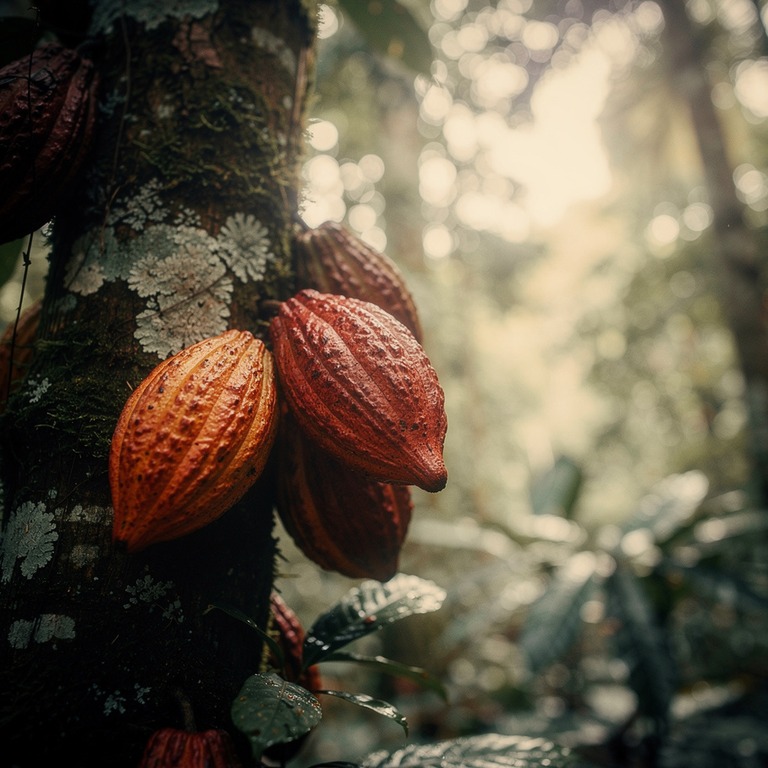 Cluster of wild cacao pods on a tree trunk, soft forest ligh... | ShopAyahuascaRetreats