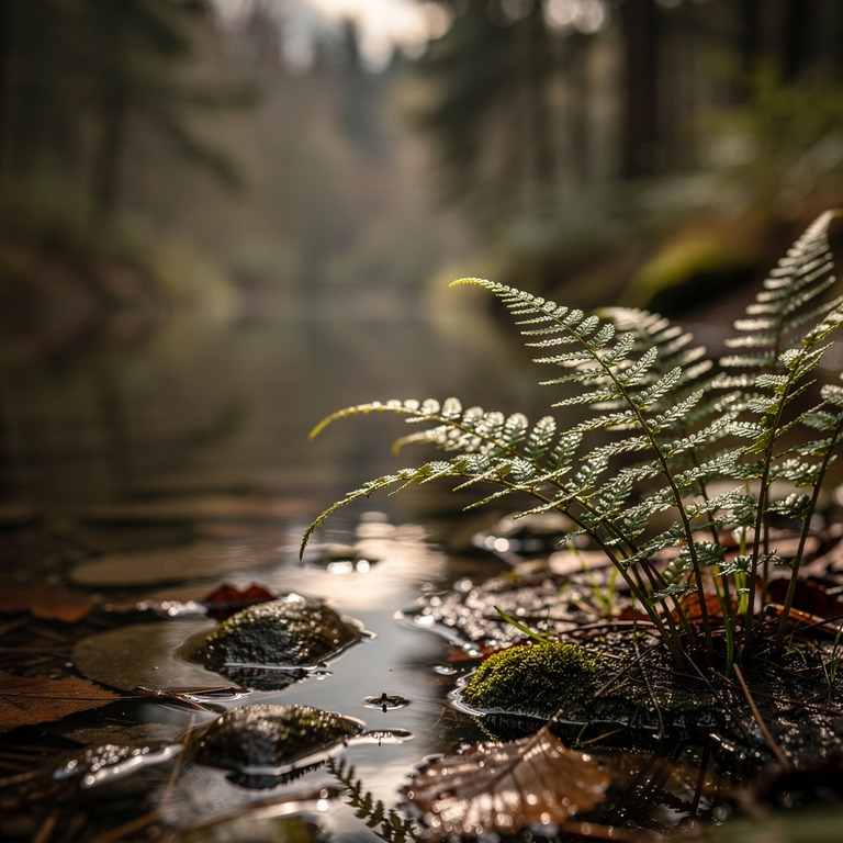 Delicate, backlit fern fronds unfurl in a damp, forest pool,... | ShopAyahuascaRetreats