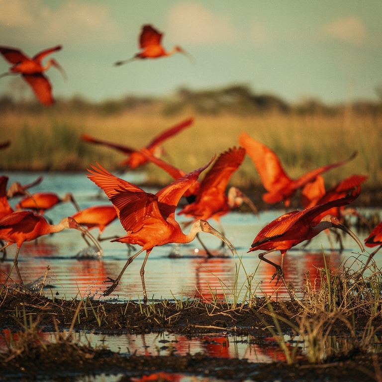 Flock of scarlet ibises taking off from a marshland | ShopAyahuascaRetreats