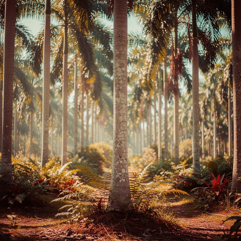 Heart of palm tree grove in a clearing, slender trunks reach... | ShopAyahuascaRetreats