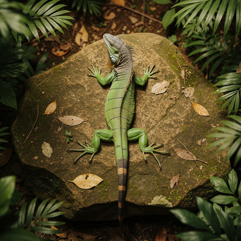 Iguana basking on a sun-warmed jungle rock | ShopAyahuascaRetreats