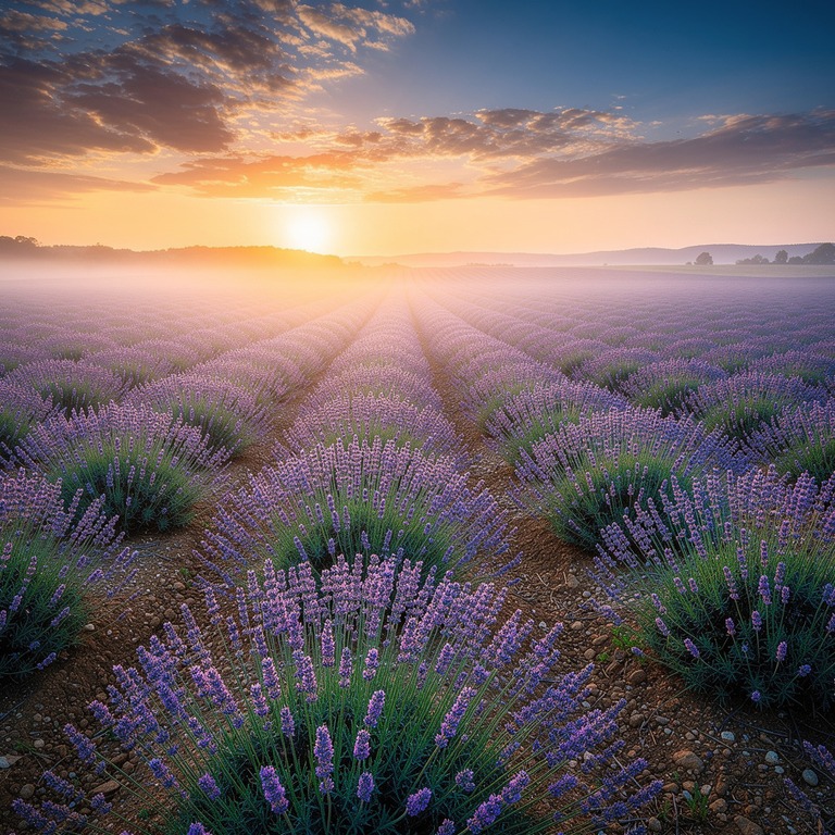 Lavender field at dusk, rows fading into soft purple haze | ShopAyahuascaRetreats