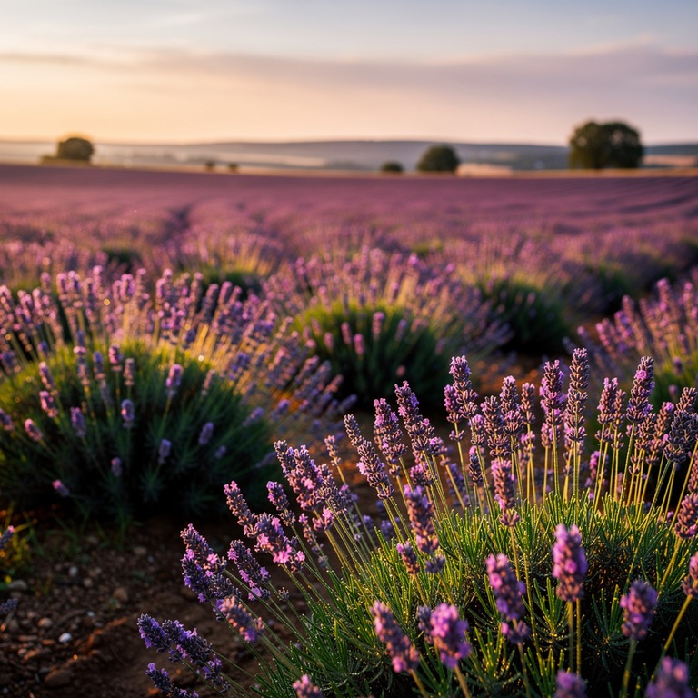 Lavender field at dusk, rows fading into soft purple haze | ShopAyahuascaRetreats